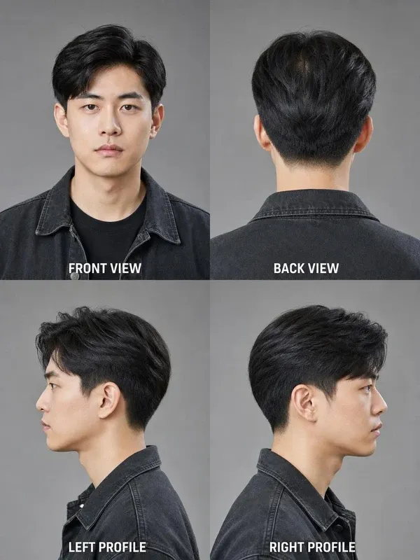 Low Taper men's hairstyle — front, back, left & right profile