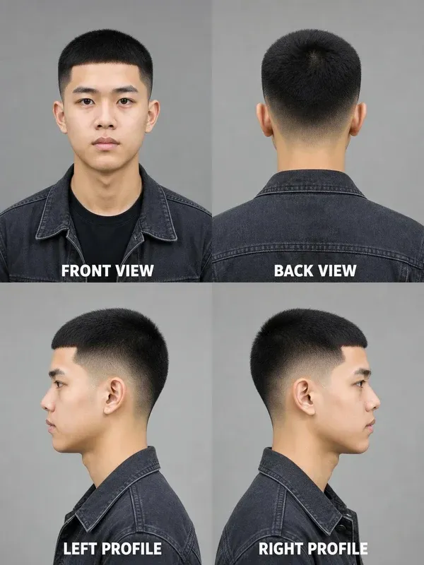 Student Cut men's hairstyle — front, back, left & right profile