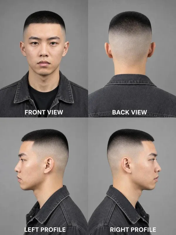 Military Cut / High and Tight men's hairstyle — front, back, left & right profile