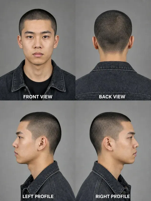 Skinhead men's hairstyle — front, back, left & right profile
