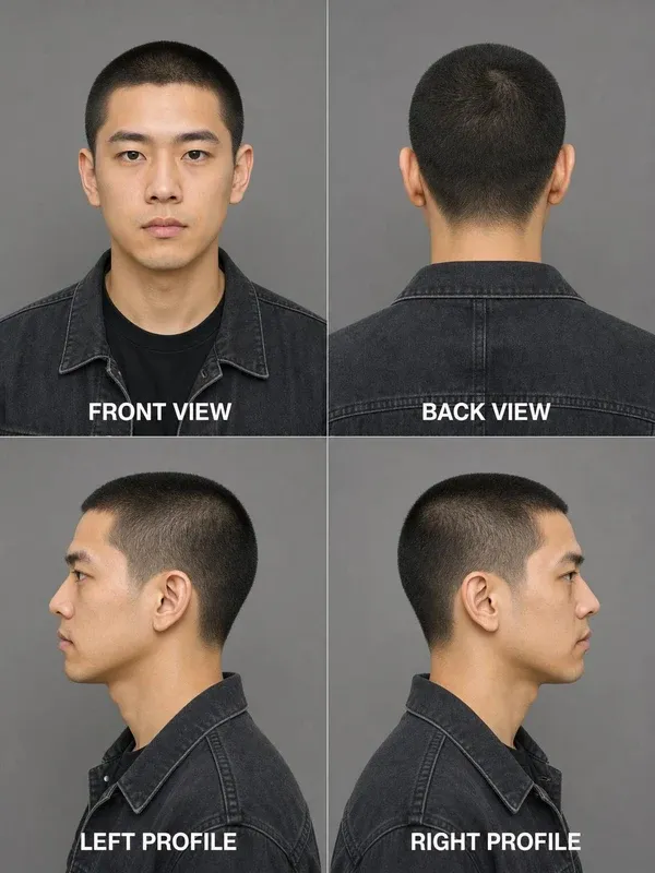 Buzz Cut men's hairstyle — front, back, left & right profile