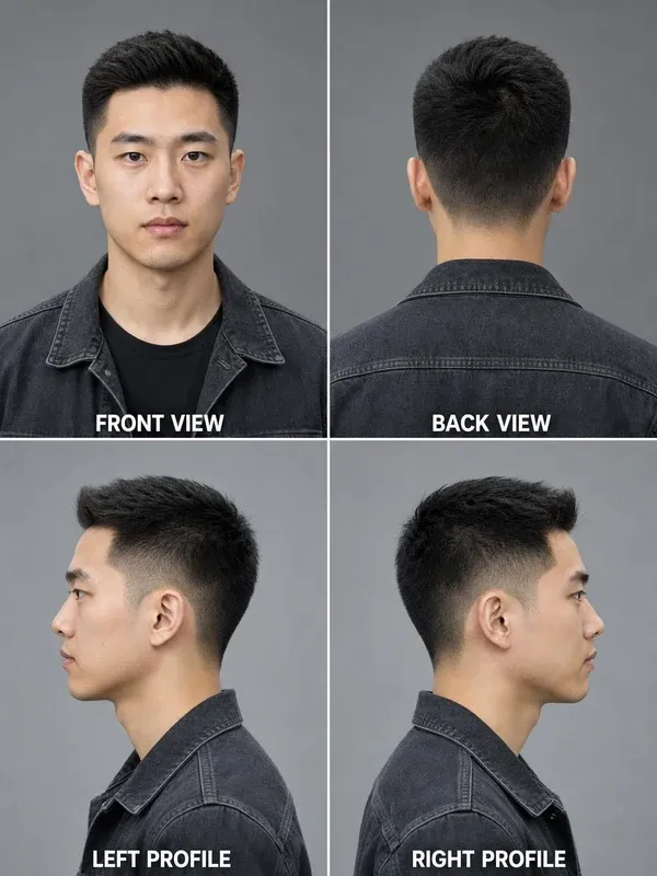 Crew Cut men's hairstyle — front, back, left & right profile