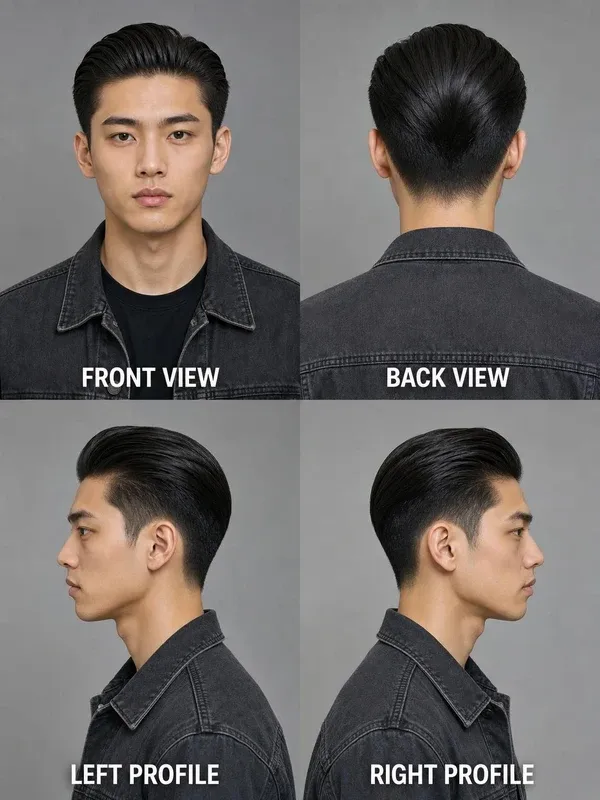 Slick Back men's hairstyle — front, back, left & right profile