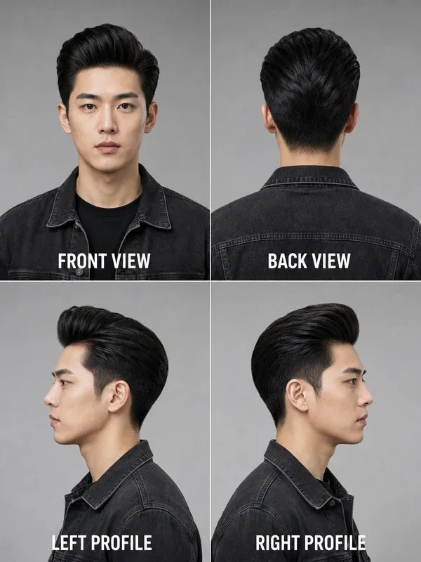 Pompadour men's hairstyle — front, back, left & right profile