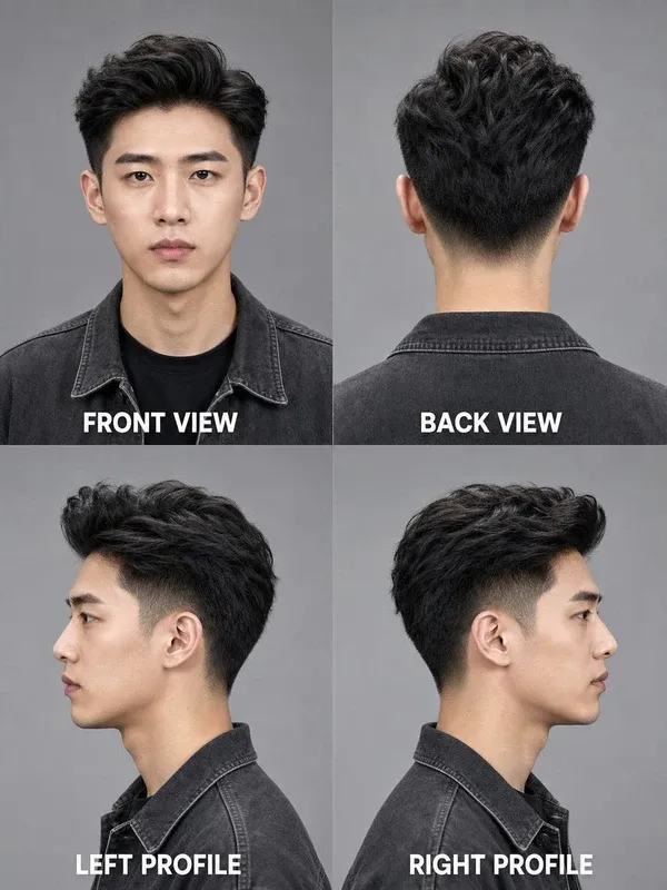 Quiff men's hairstyle — front, back, left & right profile