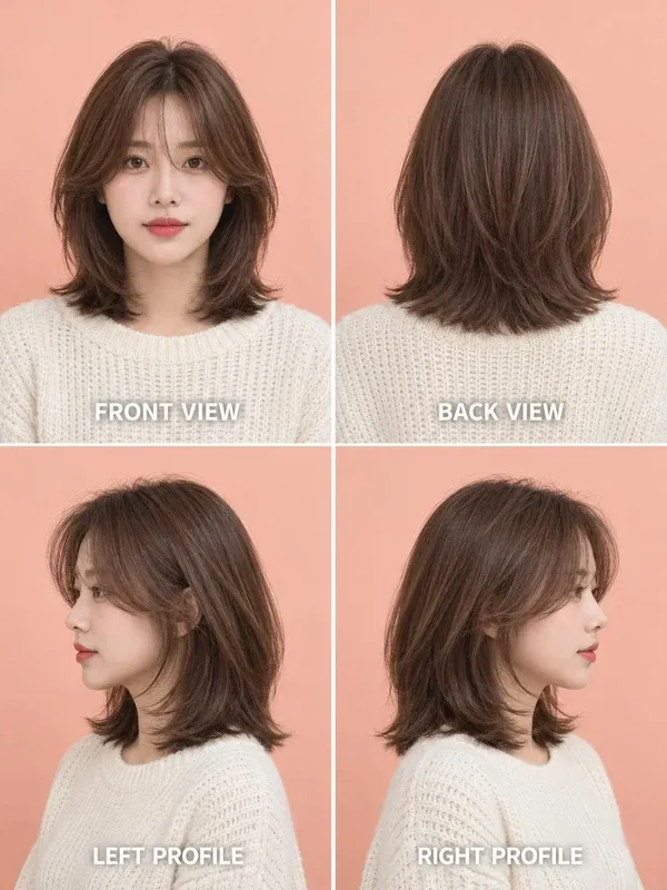 ผมประบ่าเลเยอร์ (Layered Lob) มุมหน้า หลัง ข้างซ้าย ข้างขวา สำหรับผู้หญิง