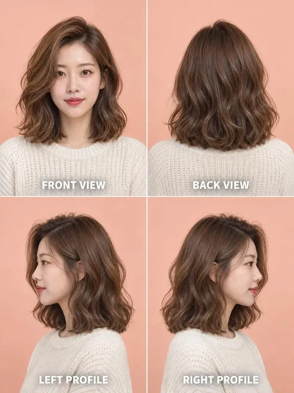 ผมประบ่าลอน (Wavy Lob) มุมหน้า หลัง ข้างซ้าย ข้างขวา สำหรับผู้หญิง