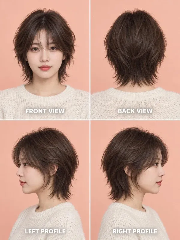 วูล์ฟคัตสั้น (Short Wolf Cut) มุมหน้า หลัง ข้างซ้าย ข้างขวา สำหรับผู้หญิง