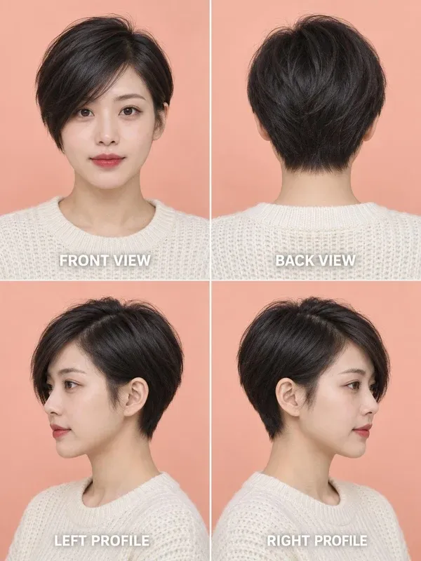 พิกซี่หน้าม้ายาว (Pixie with Long Bangs) มุมหน้า หลัง ข้างซ้าย ข้างขวา สำหรับผู้หญิง