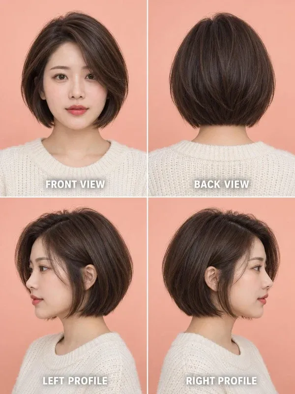 บ๊อบเรียวสำหรับหน้ากลม (Slimming Bob for Round Faces) มุมหน้า หลัง ข้างซ้าย ข้างขวา สำหรับผู้หญิง