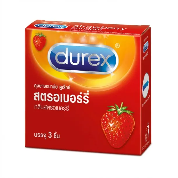 Durex Strawberry ถุงยางกลิ่นสตรอว์เบอร์รี 52.5มม. กลิ่นหอม ราคาถูก