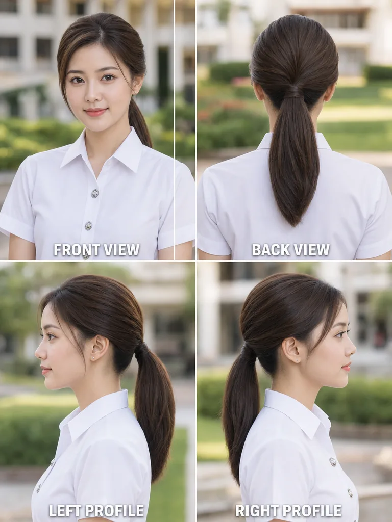 Sleek Low Tie Thai graduation women's hairstyle — front, back, left & right