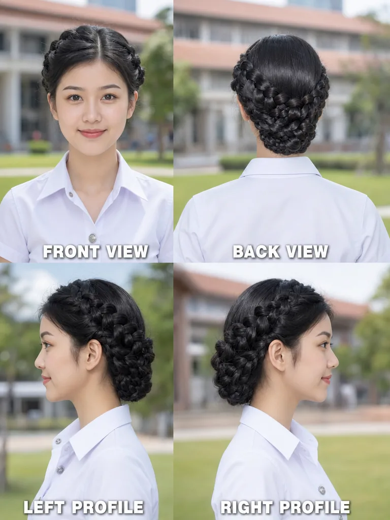 Braided Updo Thai graduation women's hairstyle — front, back, left & right
