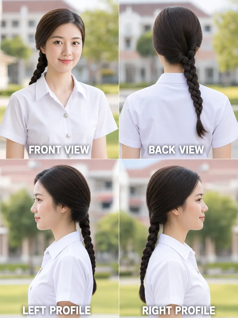 Side Braid Thai graduation women's hairstyle — front, back, left & right