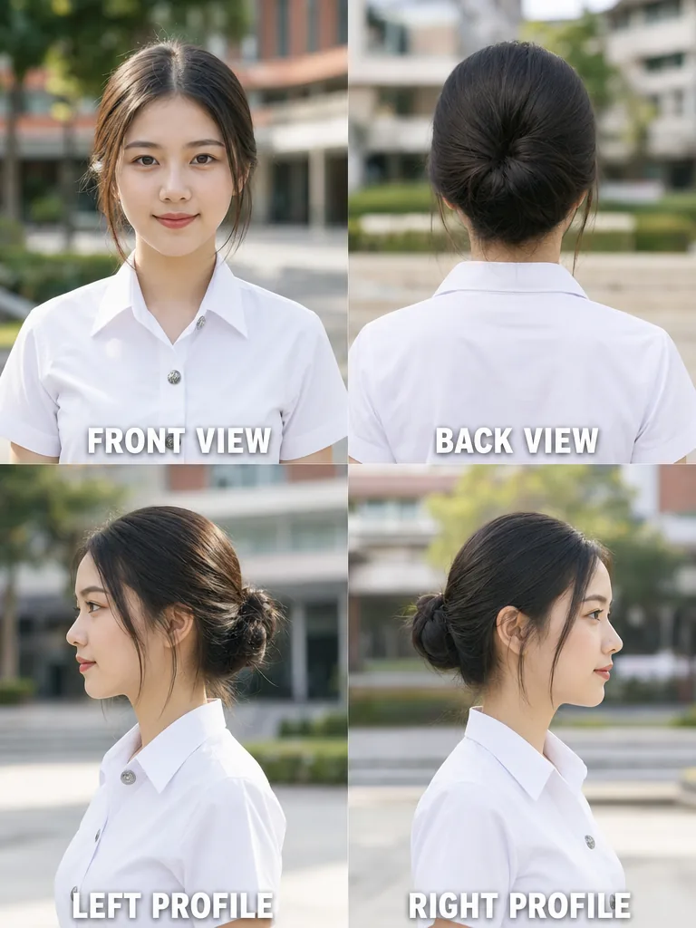 Cap-Friendly Style Thai graduation women's hairstyle — front, back, left & right