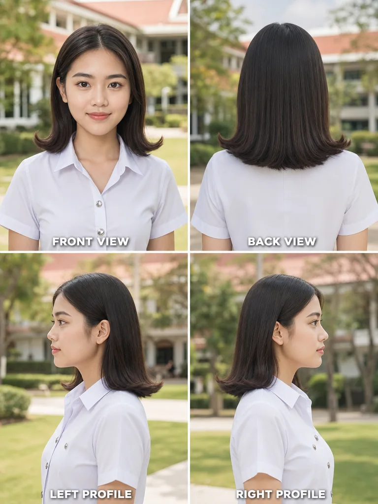 Short Hair Curled Ends Thai graduation women's hairstyle — front, back, left & right