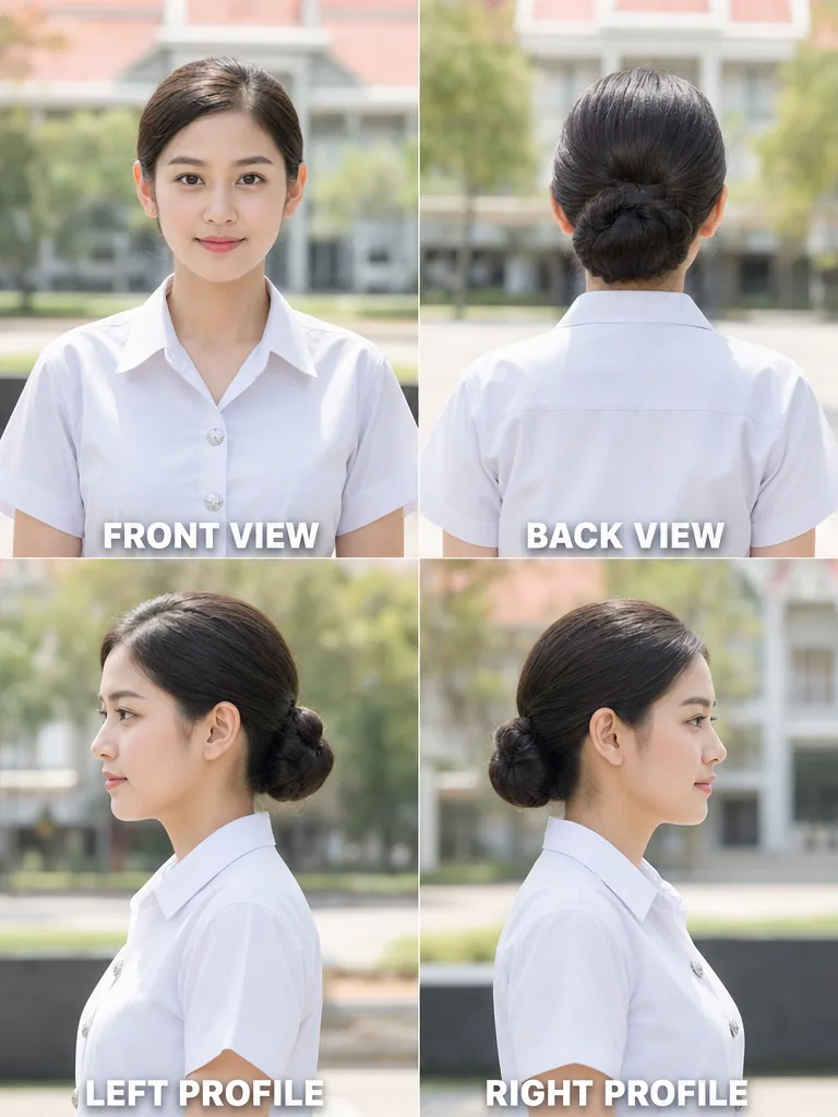 Low Bun Thai graduation women's hairstyle — front, back, left & right