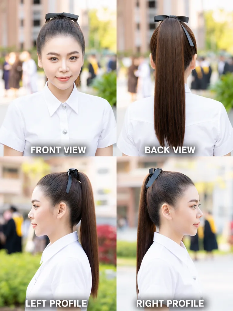 Sleek Ponytail Thai graduation women's hairstyle — front, back, left & right