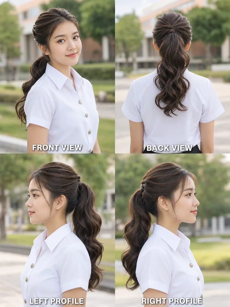 Curled Waves Thai graduation women's hairstyle — front, back, left & right