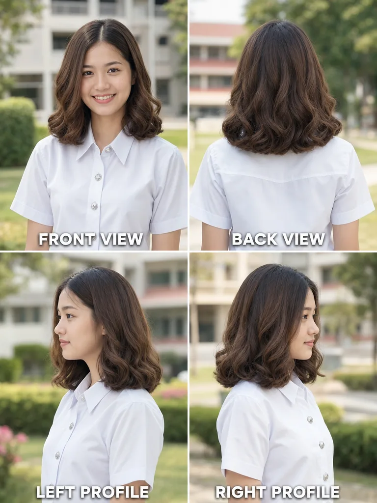 Shoulder-Length Thai graduation women's hairstyle — front, back, left & right