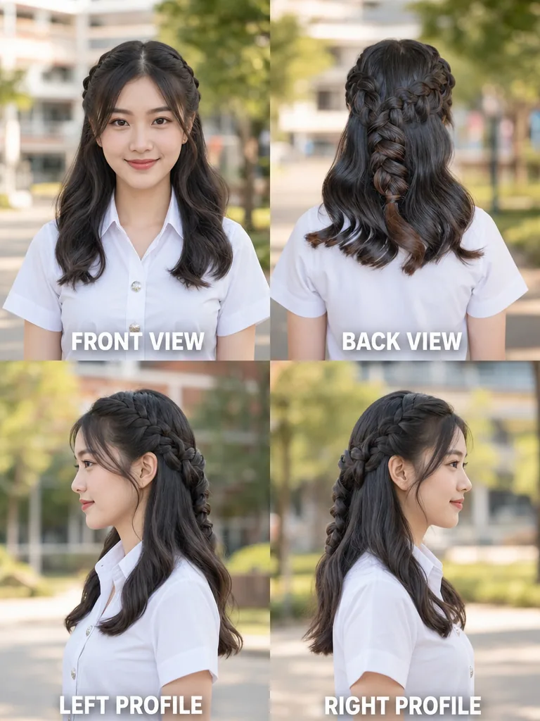 Half-Up Thai graduation women's hairstyle — front, back, left & right