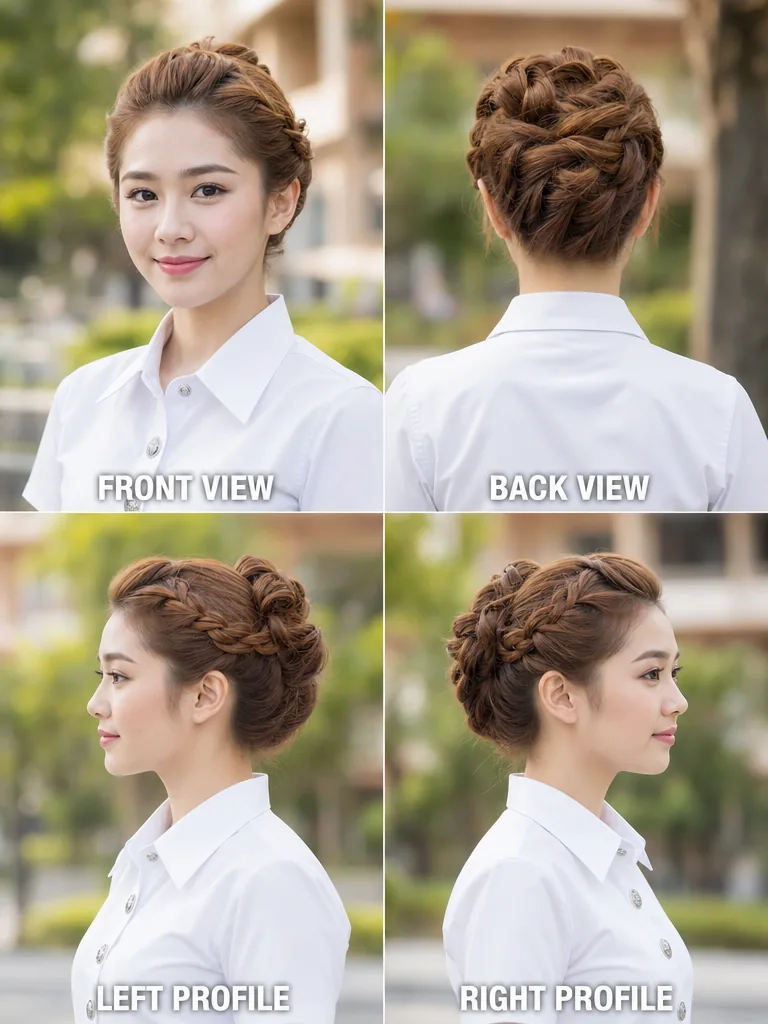 High Bun Thai graduation women's hairstyle — front, back, left & right