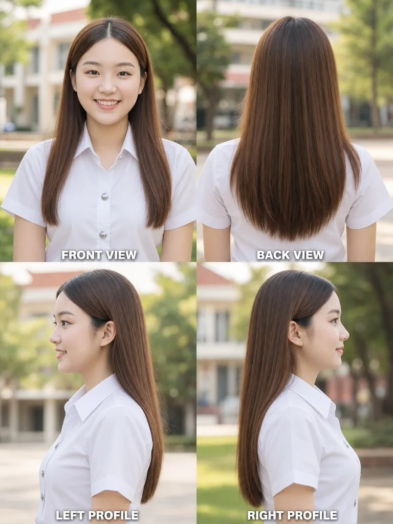 For Round Faces Thai graduation women's hairstyle — front, back, left & right