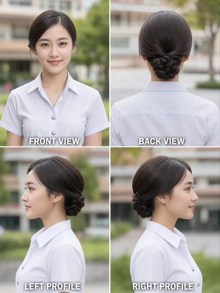 Elegant Sleek Thai graduation women's hairstyle — front, back, left & right