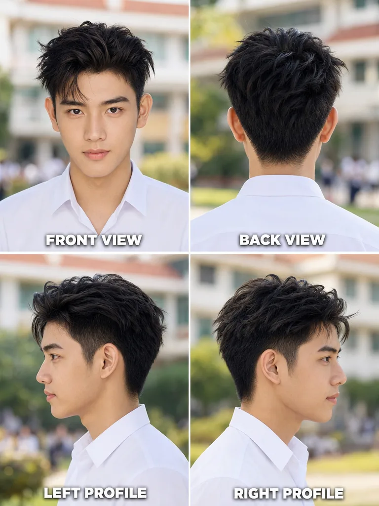 Two Block Thai graduation men's hairstyle — front, back, left & right