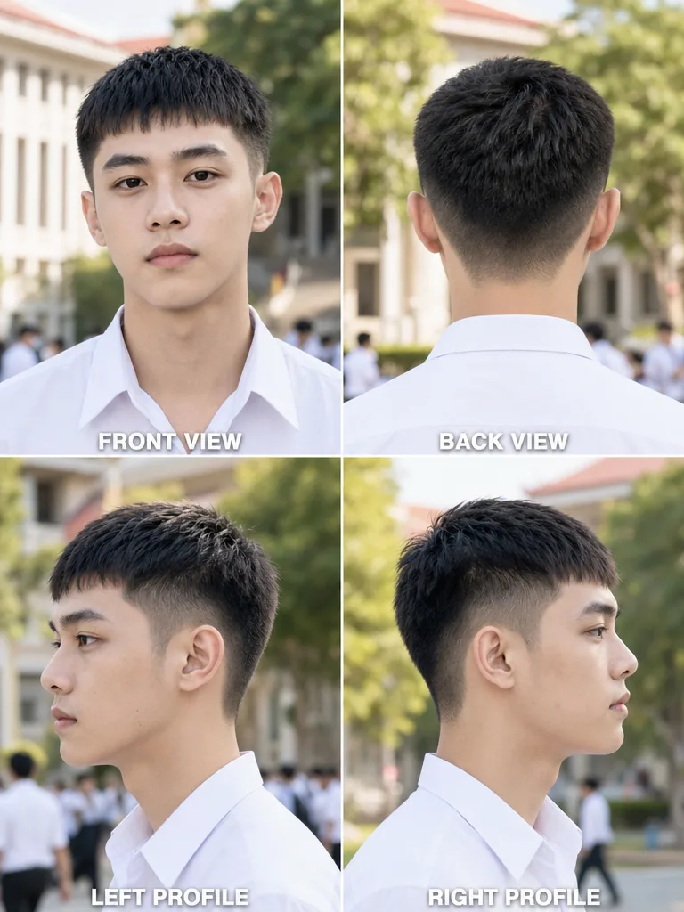 Korean French Crop Thai graduation men's hairstyle — front, back, left & right
