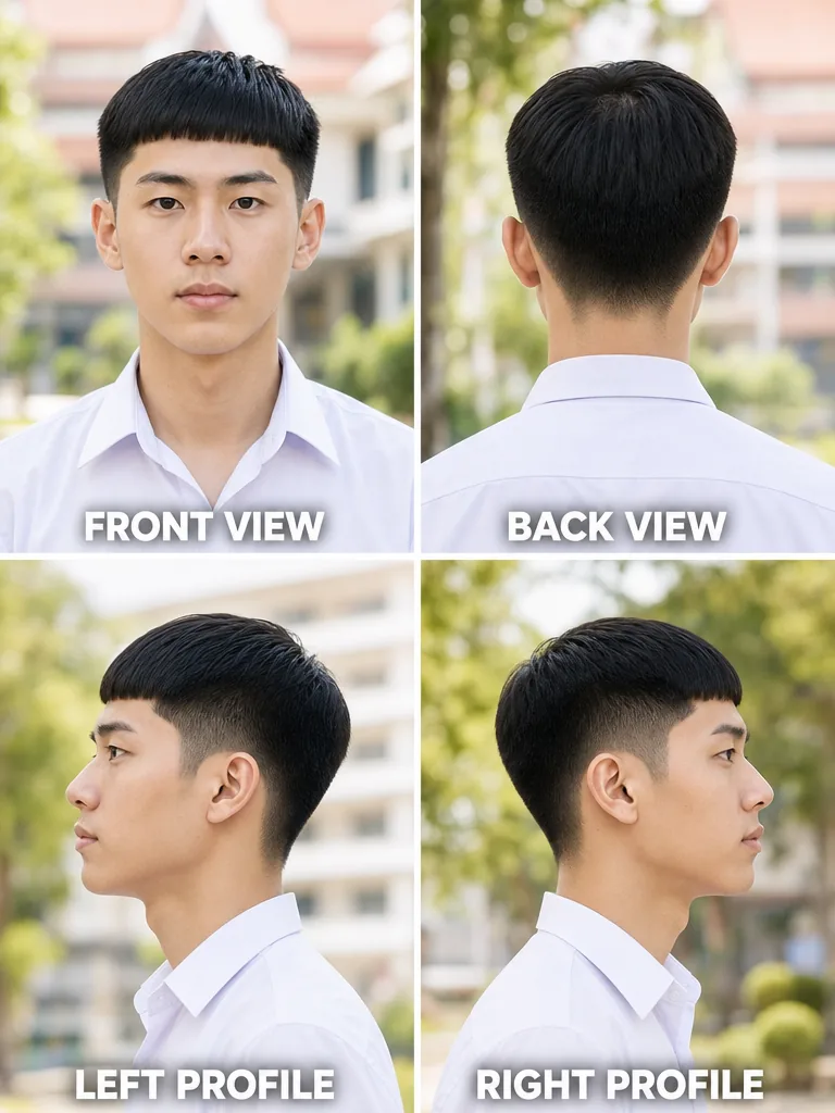 Caesar Cut Thai graduation men's hairstyle — front, back, left & right