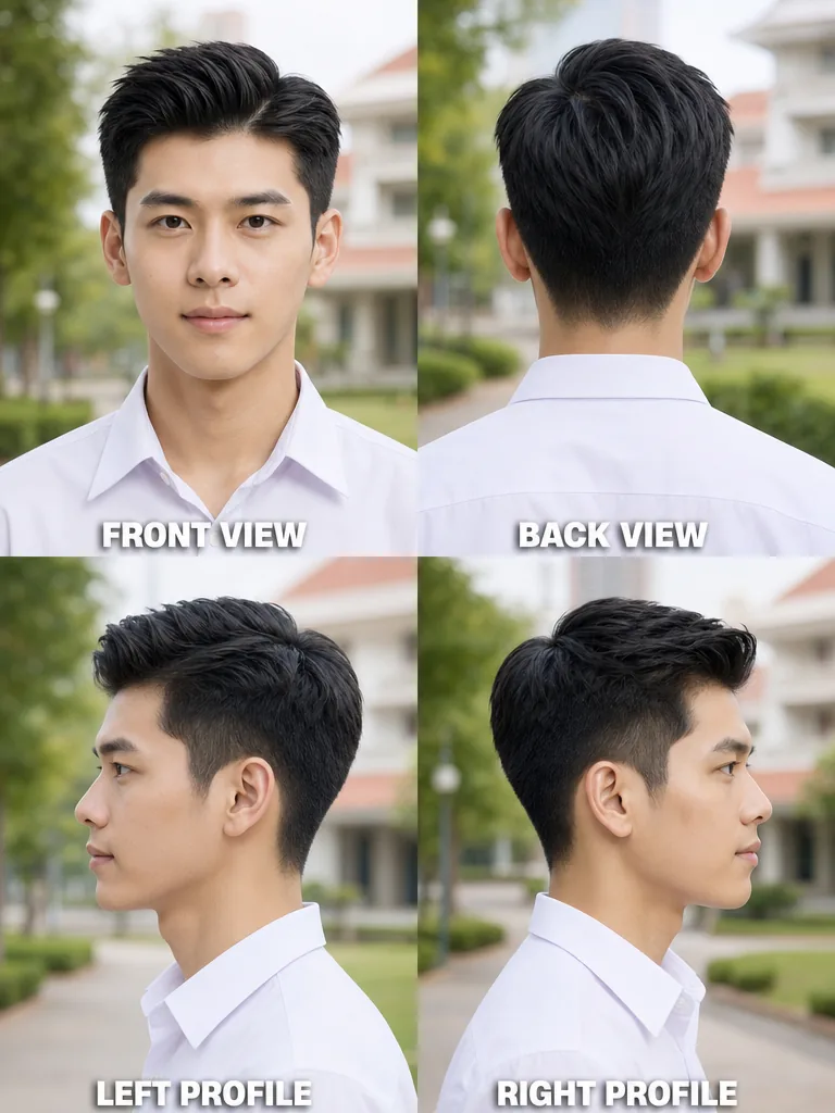 Korean Side Part Thai graduation men's hairstyle — front, back, left & right