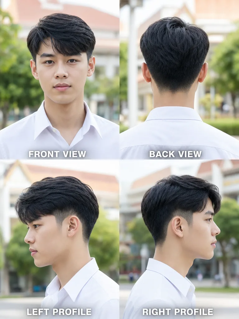Korean Taper Fade Thai graduation men's hairstyle — front, back, left & right