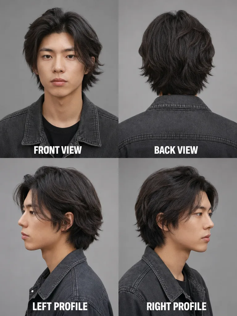 Wolf Cut Korean men's hairstyle — front, back, left & right profile