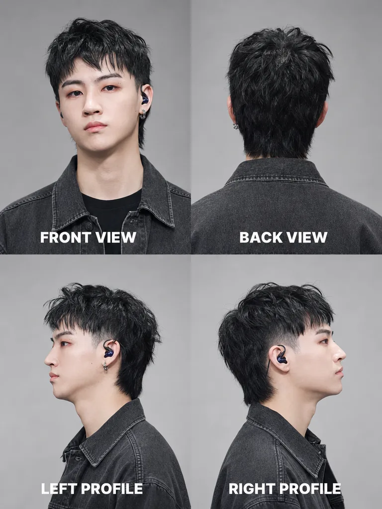 Mullet Korean men's hairstyle — front, back, left & right profile