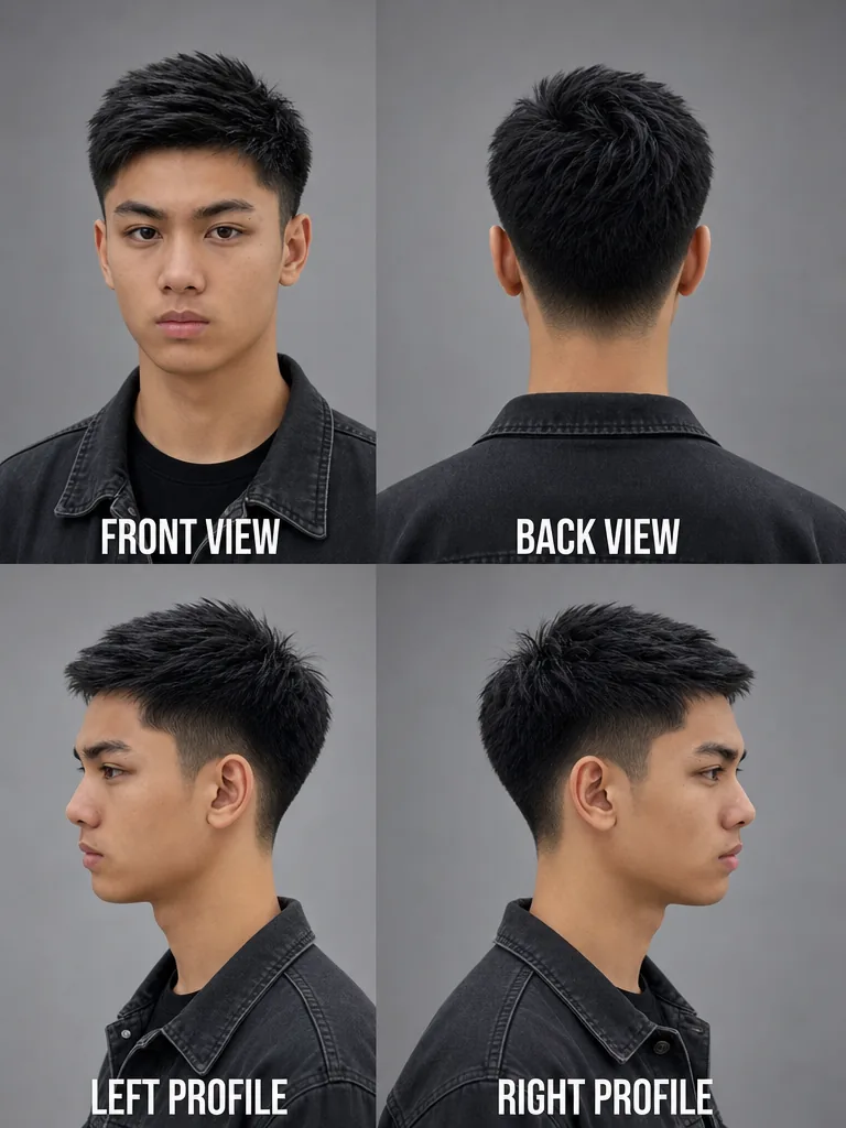 Drop Fade Korean men's hairstyle — front, back, left & right profile