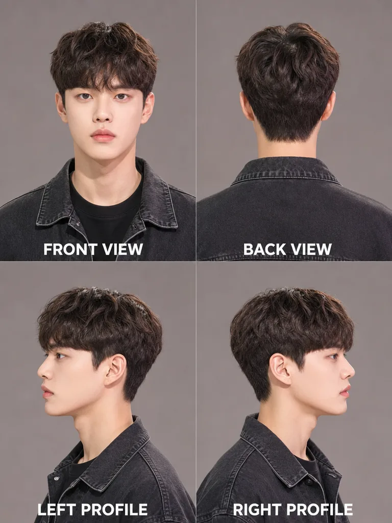 Textured Fringe Korean men's hairstyle — front, back, left & right profile