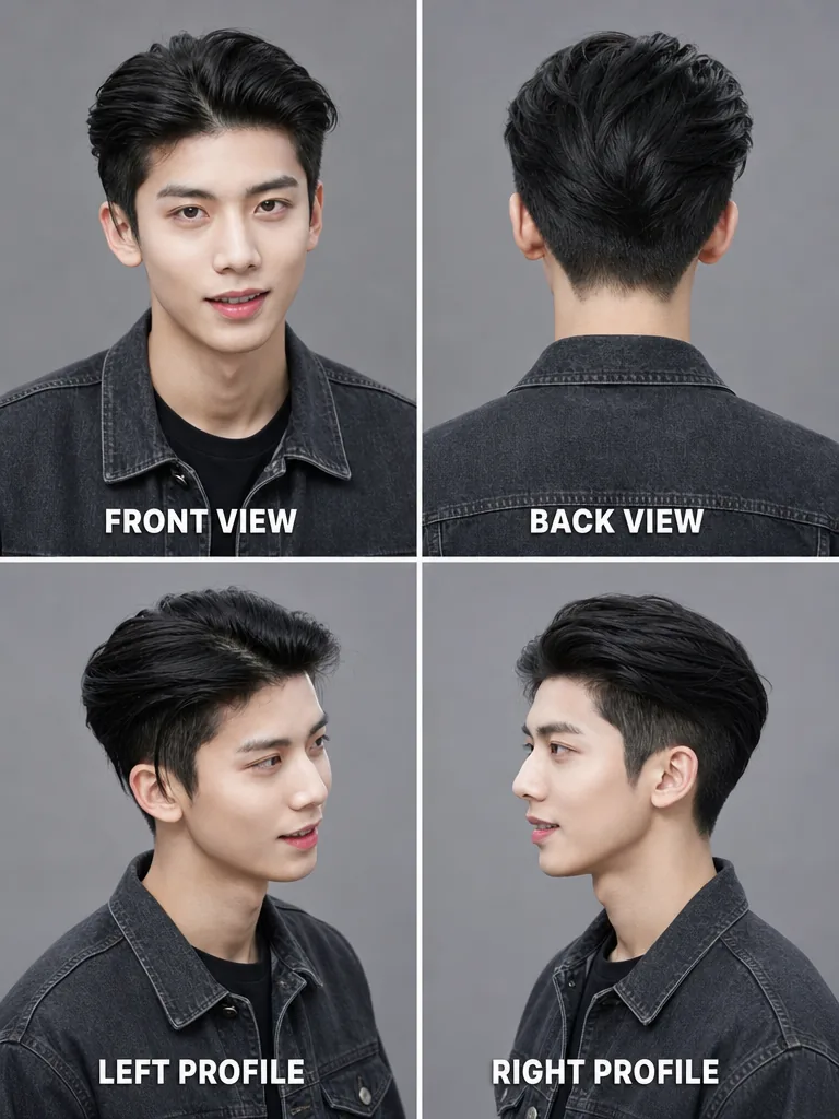 Middle Part Korean men's hairstyle — front, back, left & right profile