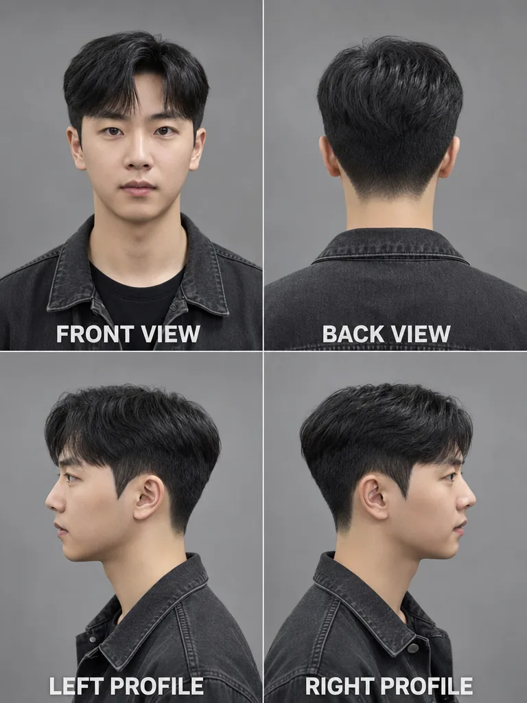 Korean Down Perm Korean men's hairstyle — front, back, left & right profile