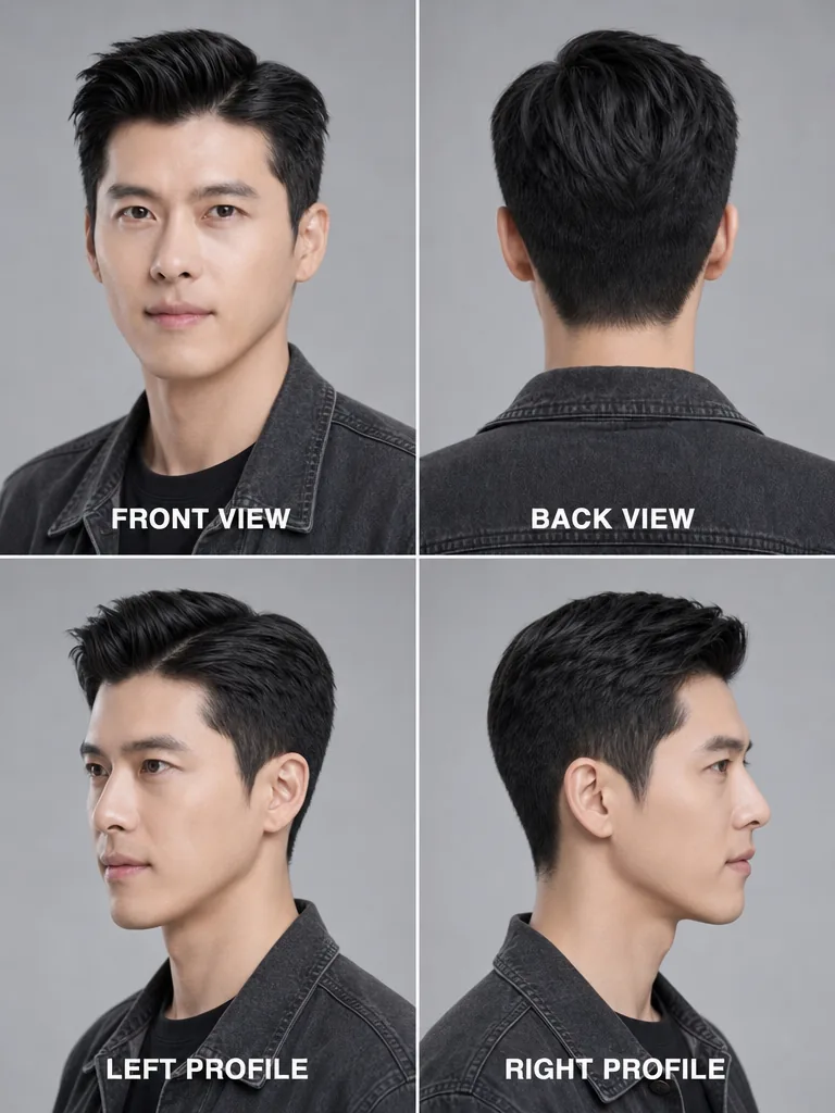 Korean Side Part Korean men's hairstyle — front, back, left & right profile