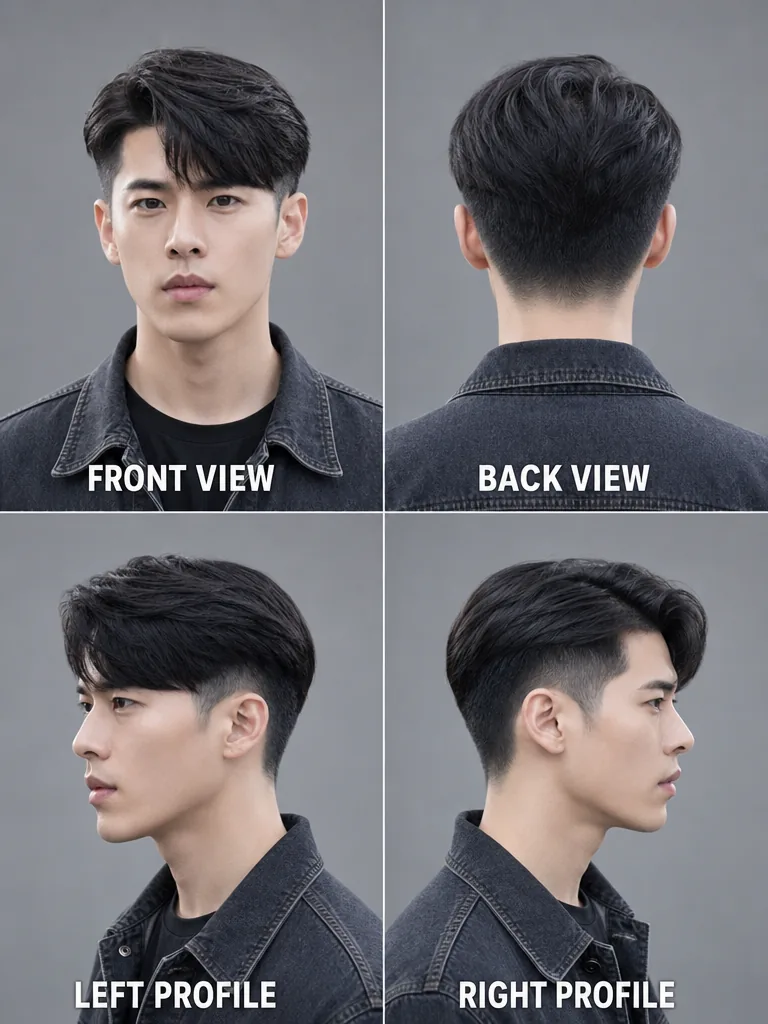Korean Taper Fade Korean men's hairstyle — front, back, left & right profile