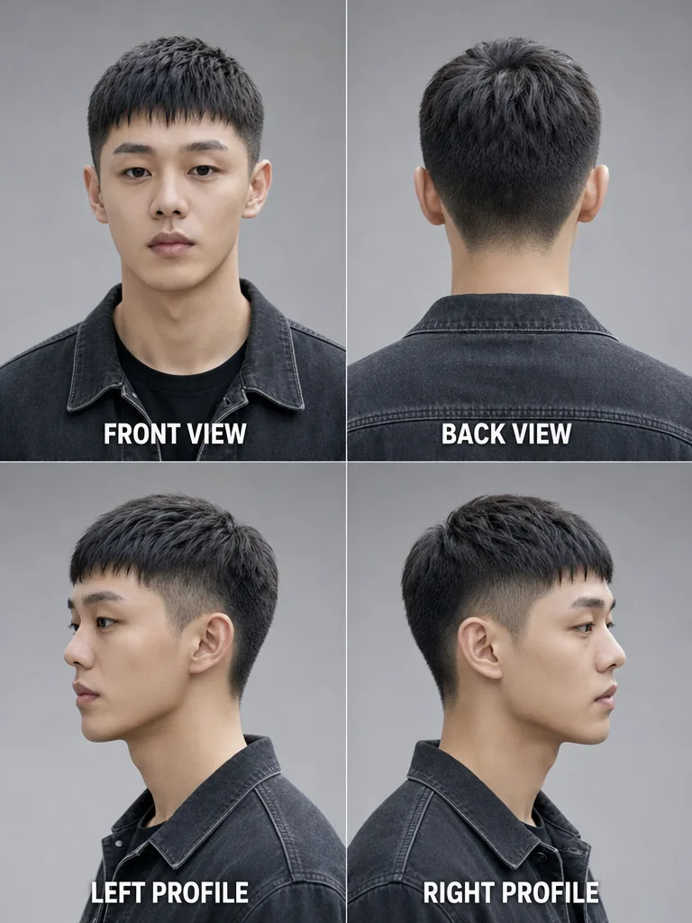 Korean French Crop Korean men's hairstyle — front, back, left & right profile