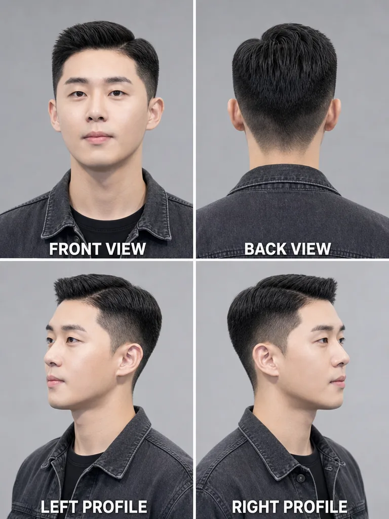 Korean Ivy League Korean men's hairstyle — front, back, left & right profile