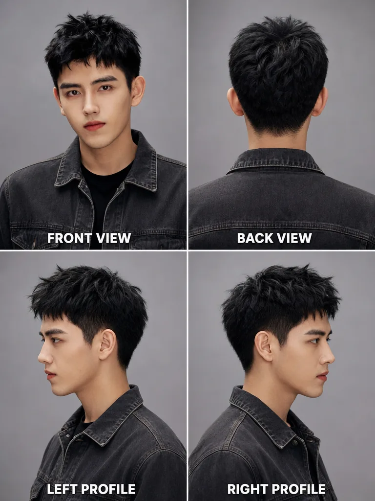 Textured Crop Korean men's hairstyle — front, back, left & right profile