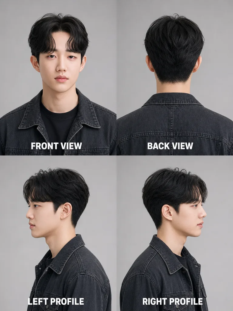 S-Shaped Fringe Korean men's hairstyle — front, back, left & right profile