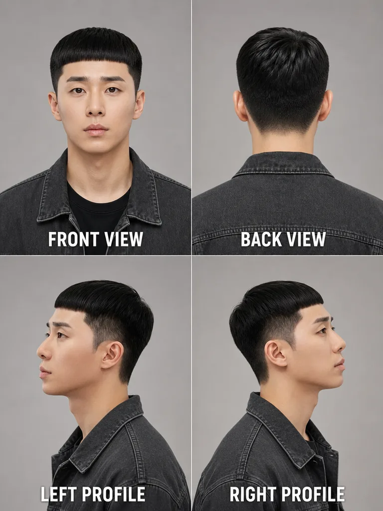 Caesar Cut Korean men's hairstyle — front, back, left & right profile