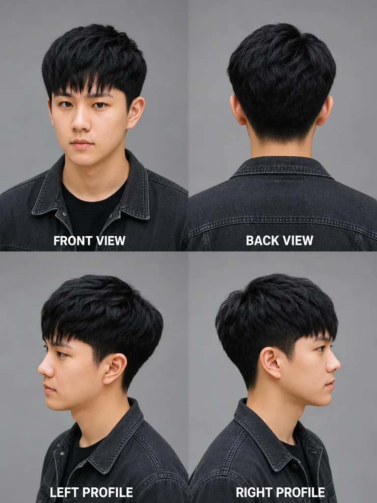 Layered Cut Korean men's hairstyle — front, back, left & right profile