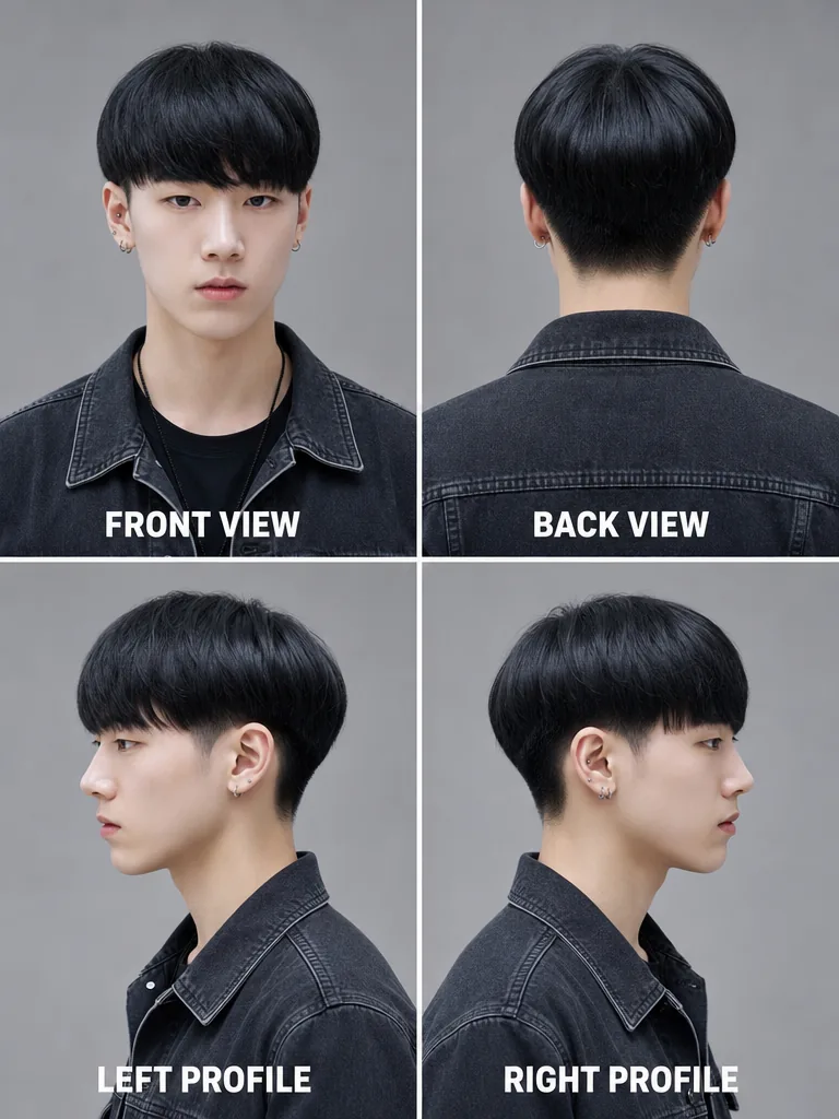 Bowl Cut Korean men's hairstyle — front, back, left & right profile