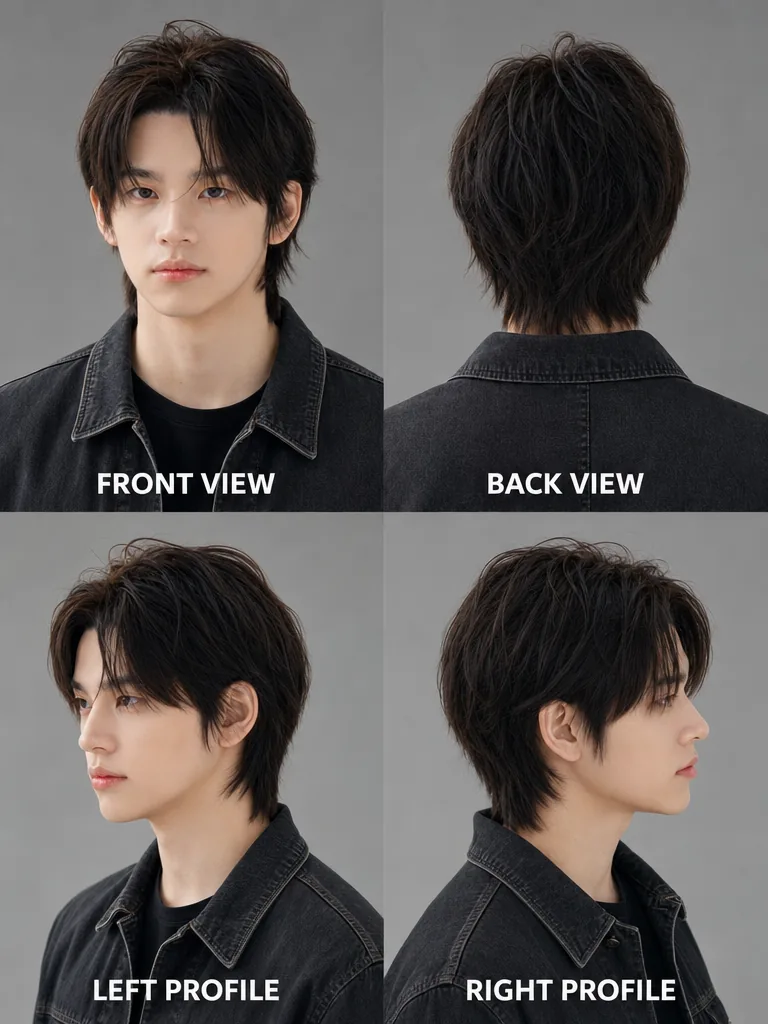 Curtain Haircut Korean men's hairstyle — front, back, left & right profile