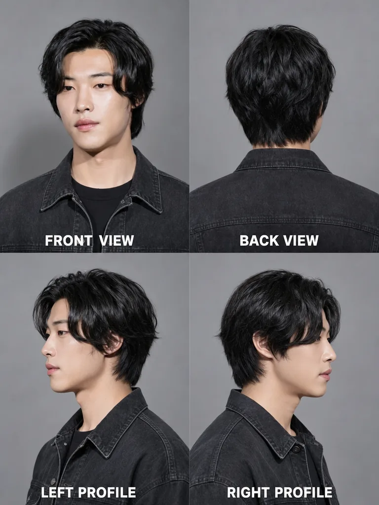 Side Bangs Korean men's hairstyle — front, back, left & right profile